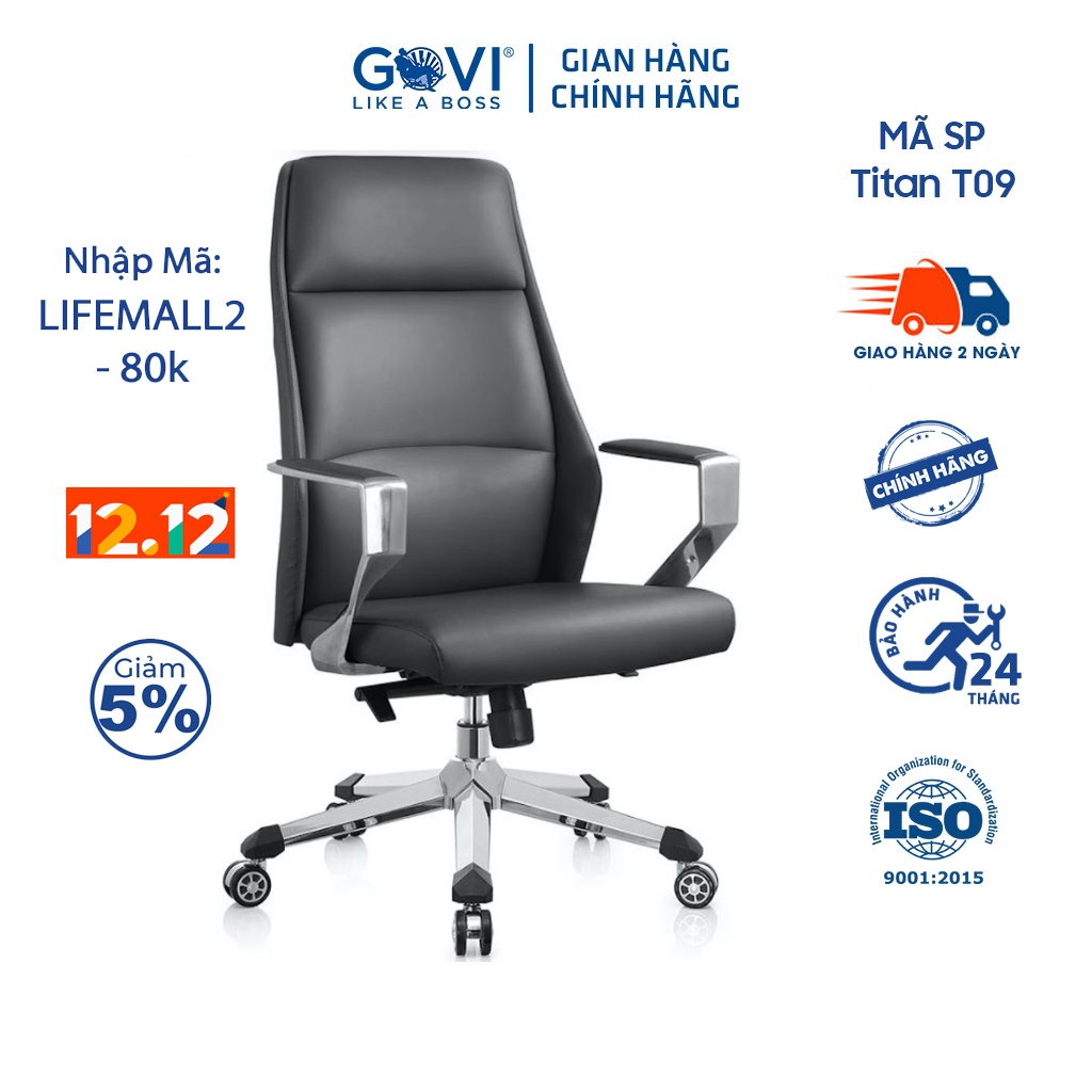 Ghế giám đốc GOVI Titan T09 Da Microfiber sang trọng - Ngả lưng đồng bộ, Lưng ghế cao, Tay vịn bằng thép mạ Crom bọc da