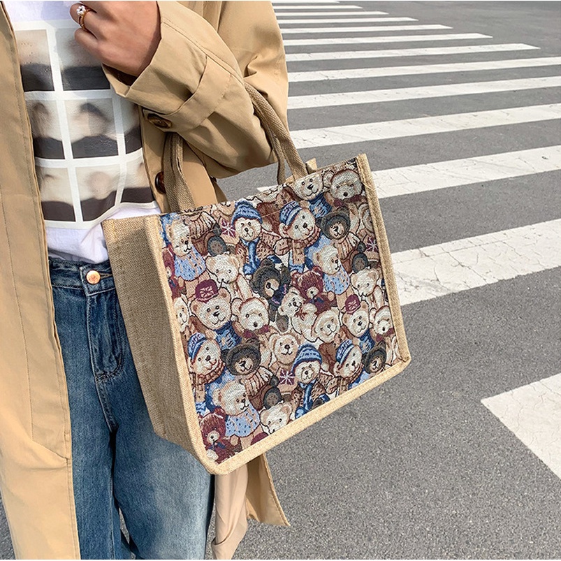 Túi tote Vải Lanh mini In Họa Tiết Hoạt Hình Phong Cách Nhật Bản Thời Trang Cho Nữ