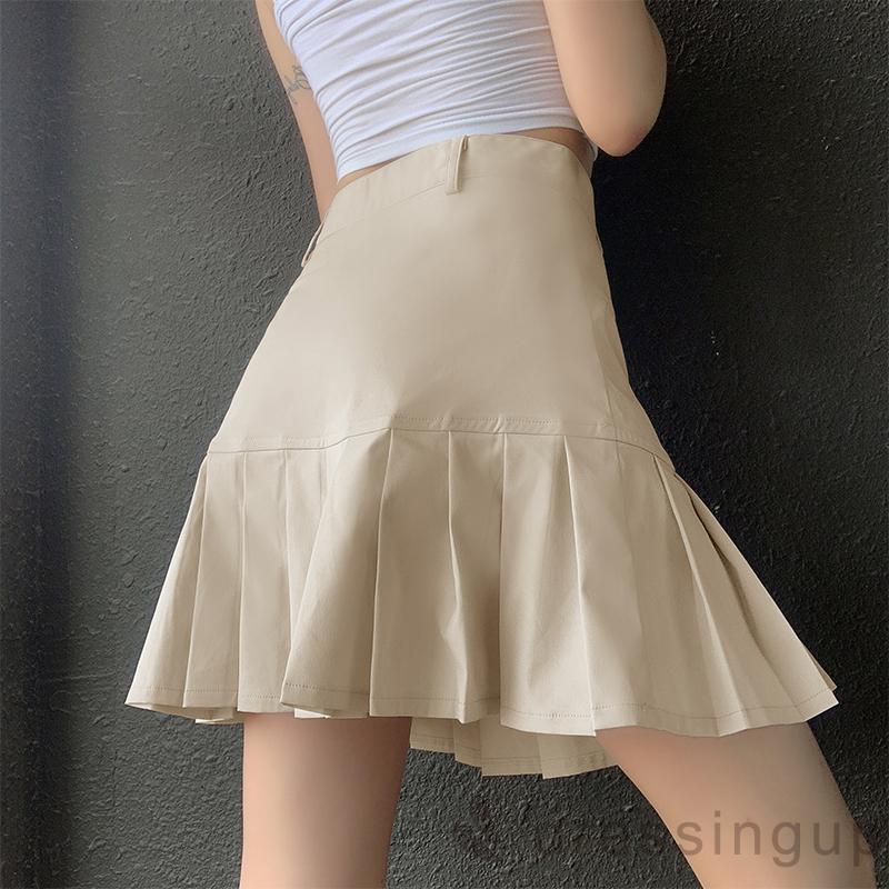 DRESSINGUP-Chân váy chữ A xếp ly ngắn trên gối màu trơn cạp cao thanh lịch cho nữ