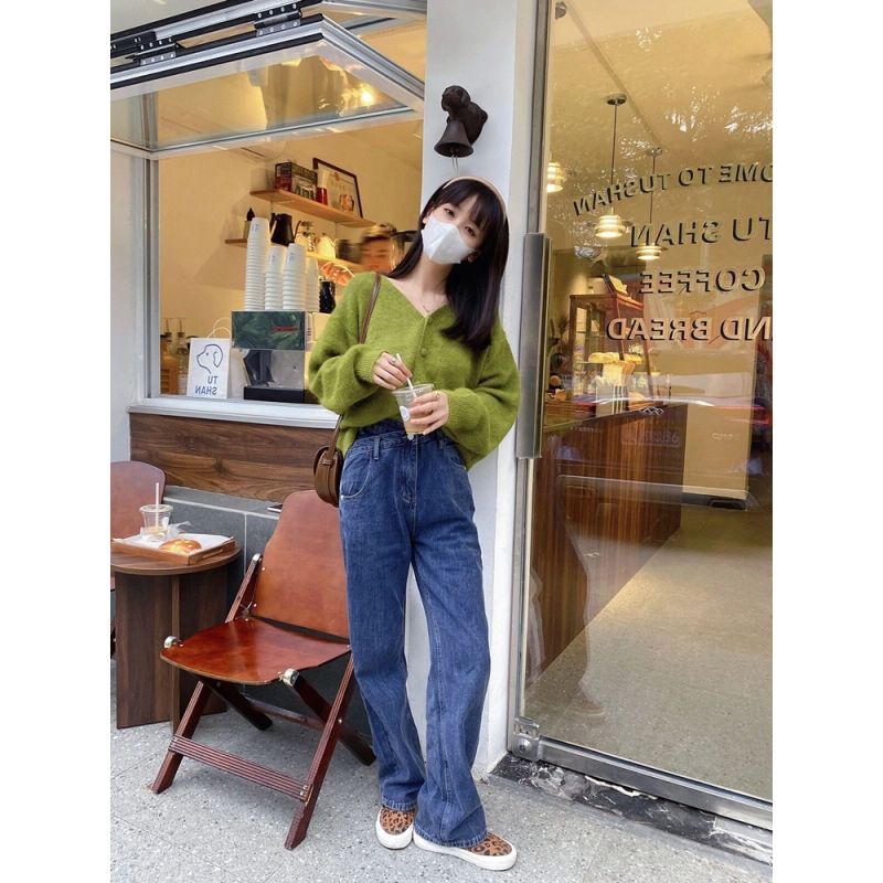 Áo Khoác Cardigan Dệt Kim Cổ Chữ V Màu Xanh Bơ Mềm Mại Phong Cách Nhật Bản