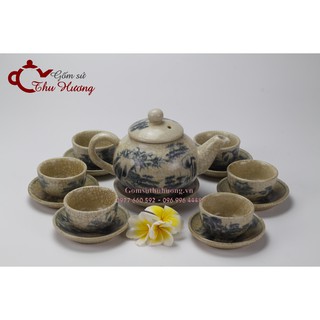 Bộ ấm chén Bát Tràng_Bộ bình trà men rạn giả cổ dáng Hồng