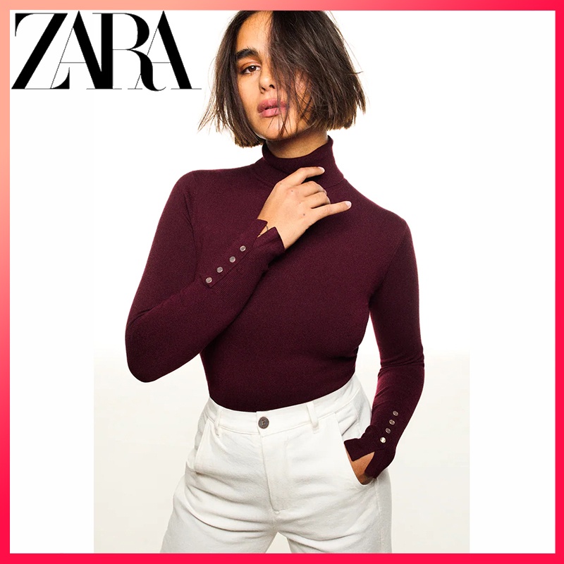 Zara Áo sweater Cổ Cao Phối Nút Đơn Giản Xinh Xắn