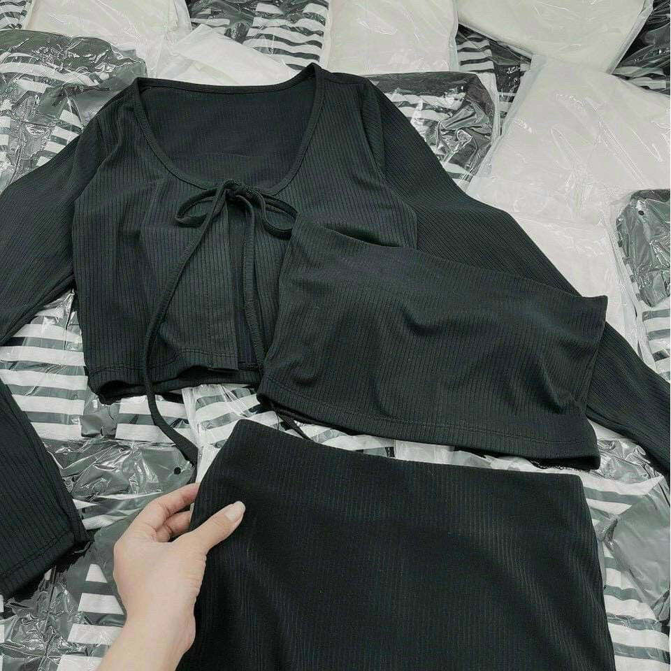 Set ba món áo hai dây kèm khoác cardigan chân váy ôm body sexy