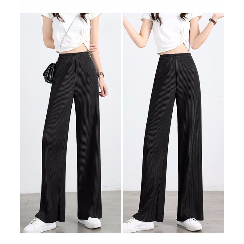 Quần Dài Lưng Cao Hoạ Tiết Kẻ Sọc Thiết Kế Dáng Rộng Thoải Mái