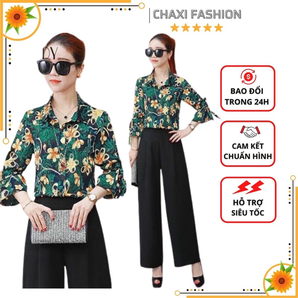 HÀNG NHẬP - SET BỘ ÁO LỤA HOA LÁ QUẦN SUÔNG ĐEN SIÊU XINH - LS162280
