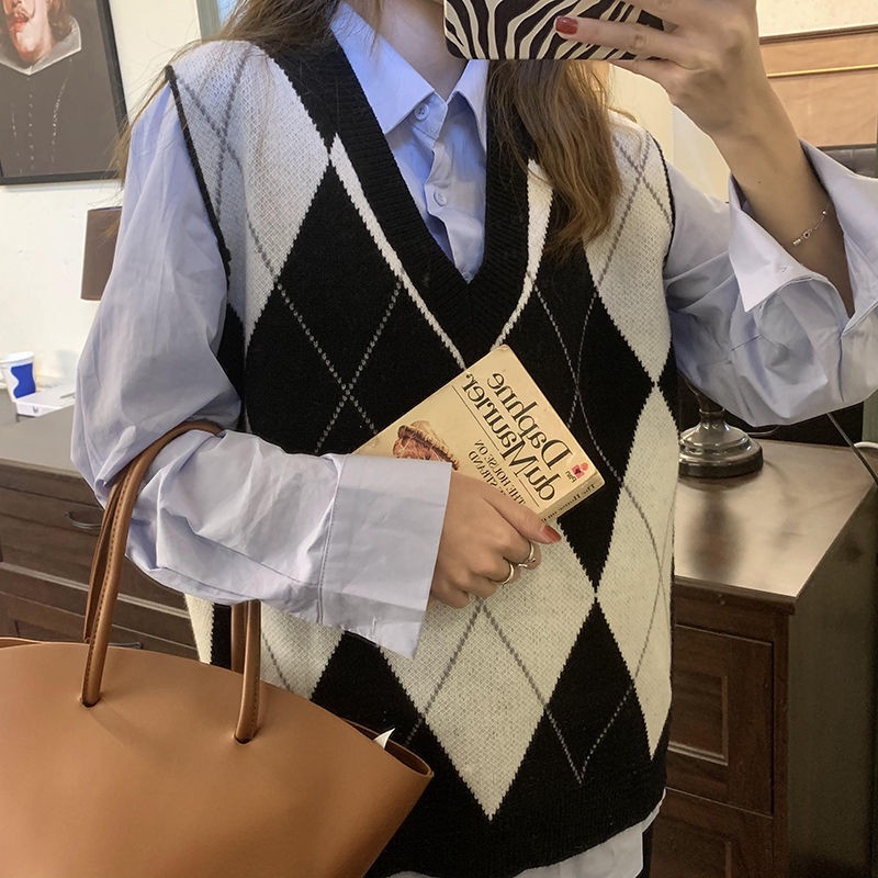 Áo sweater SUXI dệt kim cổ chữ V dáng rộng họa tiết caro phong cách Hàn Quốc cổ điển thời trang