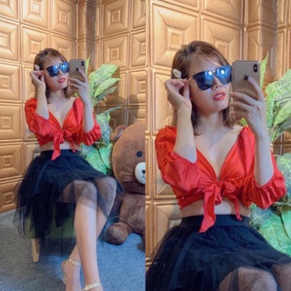 [ẢNH_THẬT_CUỐI] Áo phi lụa cột nơ ngực tay ống chun