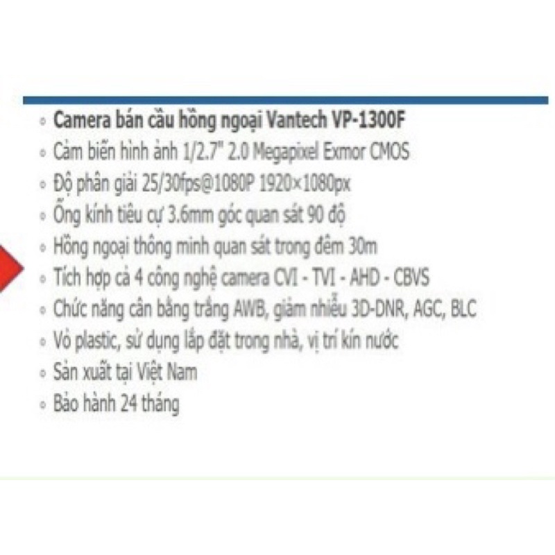 Camera Vantech 2.0 FullHD 1080 4in1 CVI /TVI/AHD/CBVS bán cầu VP-1300F