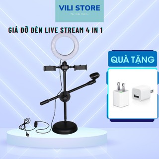 Giá đỡ livestream, bộ đèn led livestream kẹp điện thoại 4in1 để bàn
