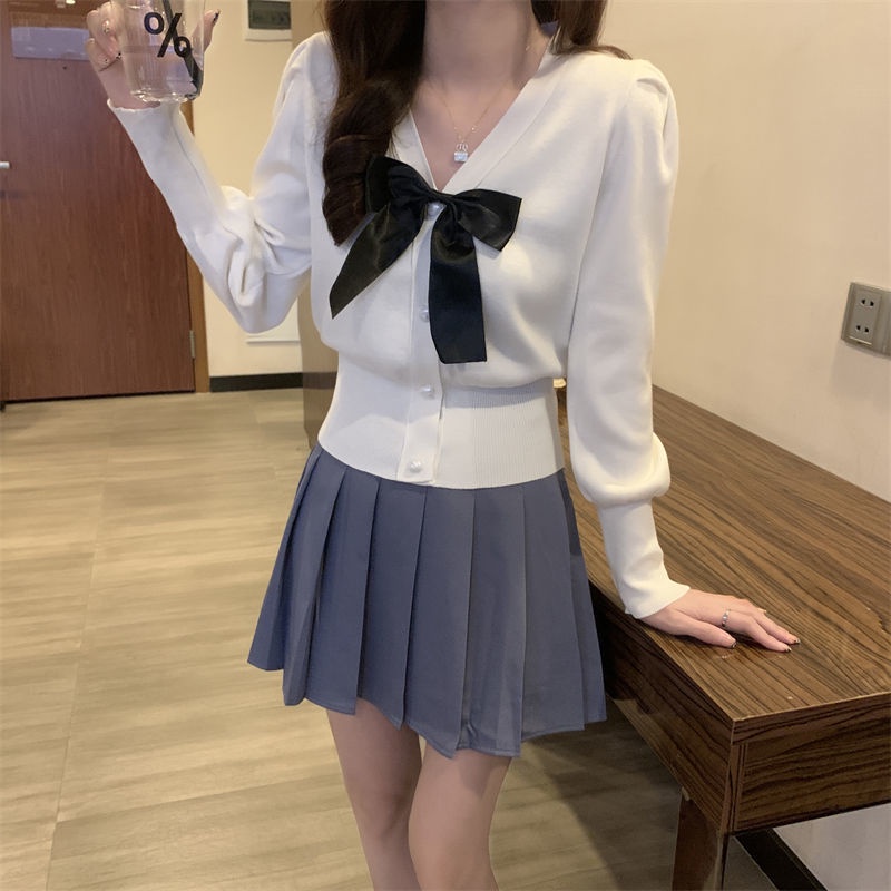 Áo khoác cardigan dệt kim cổ chữ V thắt nơ phong cách phương Tây dành cho nữ