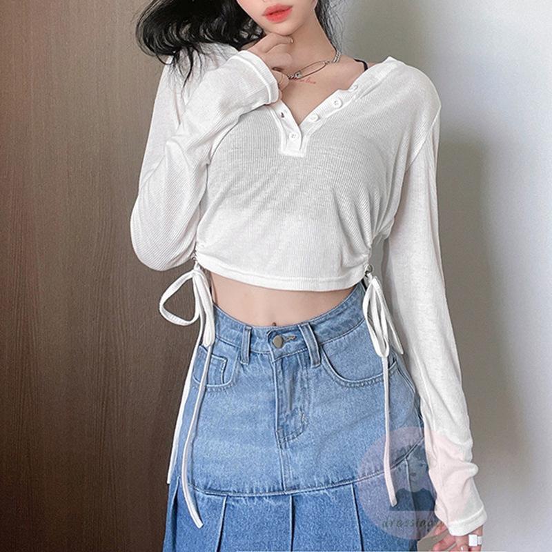 Áo Thun Tay Dài Cổ Chữ V Màu Sắc Thời Trang Dành Cho Nữ