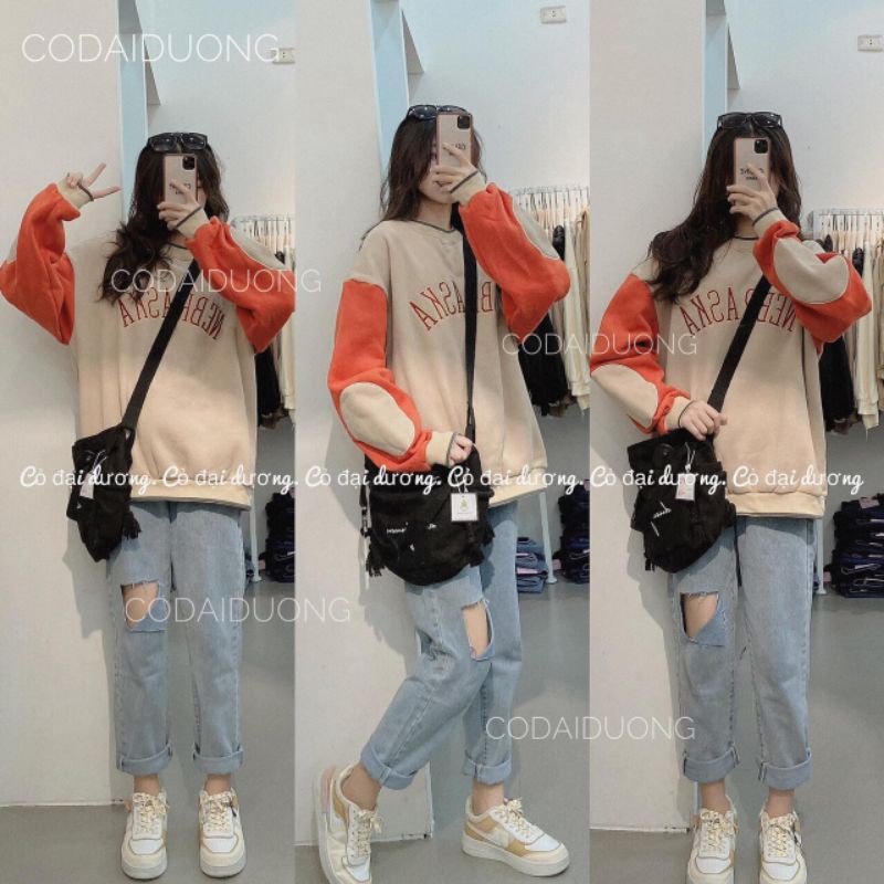 Áo Sweater Phối Tay NEBRASKA Hot Trends Hình Thêu Siêu Xịn, Tay Bồng Form Unisex, Chất Nỉ Cotton Dày Mịn (ảnh thật 100%) | BigBuy360 - bigbuy360.vn
