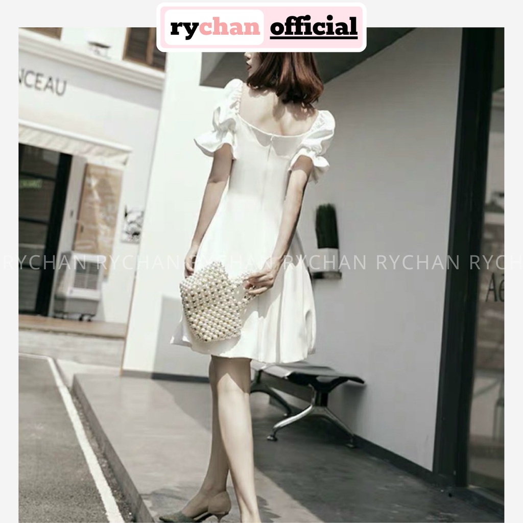 Đầm Xòe Trắng Cổ Vuông Tay Phồng Nút Bọc Lót Trong Dày Dặn - DX0141
