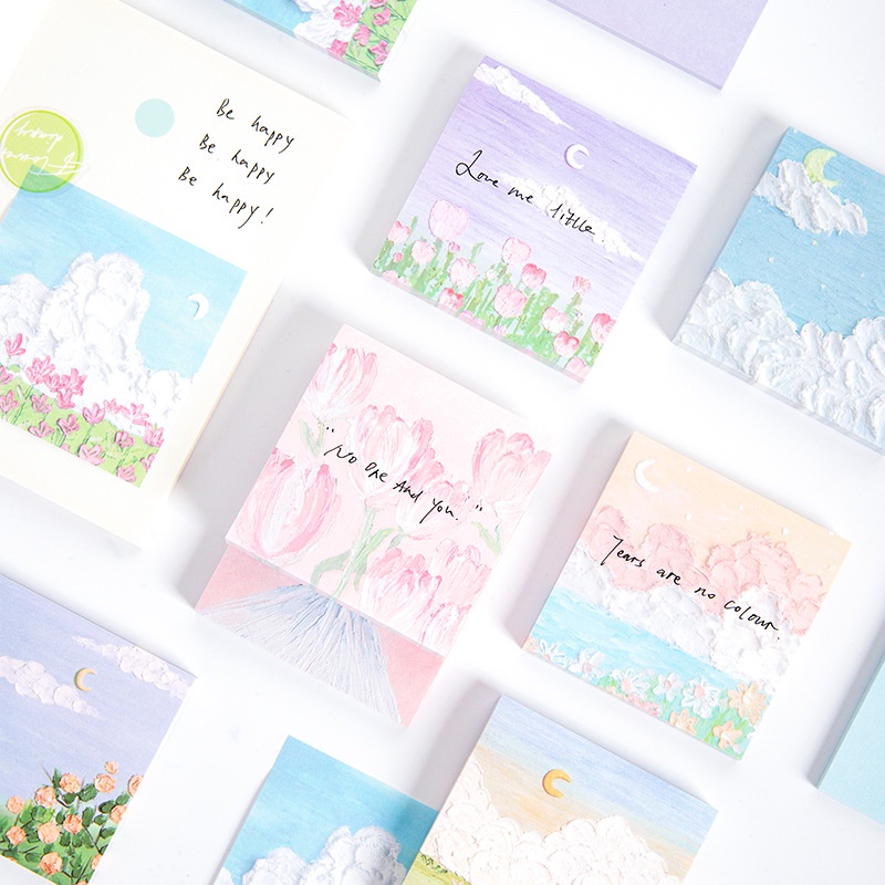 Set giấy note ghi chú kèm sticker theme hoa cỏ tranh sơn dầu