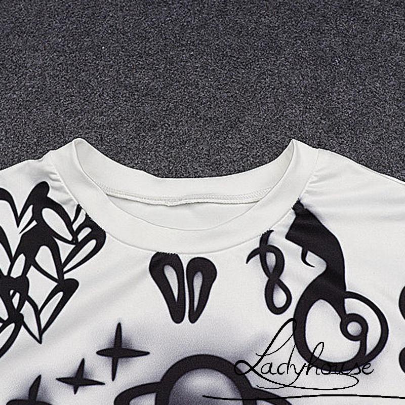 Áo Thun Crop Top Nữ Cổ Tròn Tay Ngắn In Họa Tiết Graffiti Dễ Thương