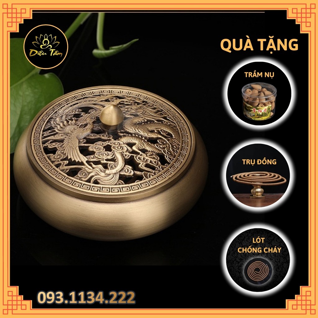Lư đồng xông trầm hoạ tiết cổ điển đồng nguyên chất xông trầm điện tặng kèm nhang vòng/ nụ trầm
