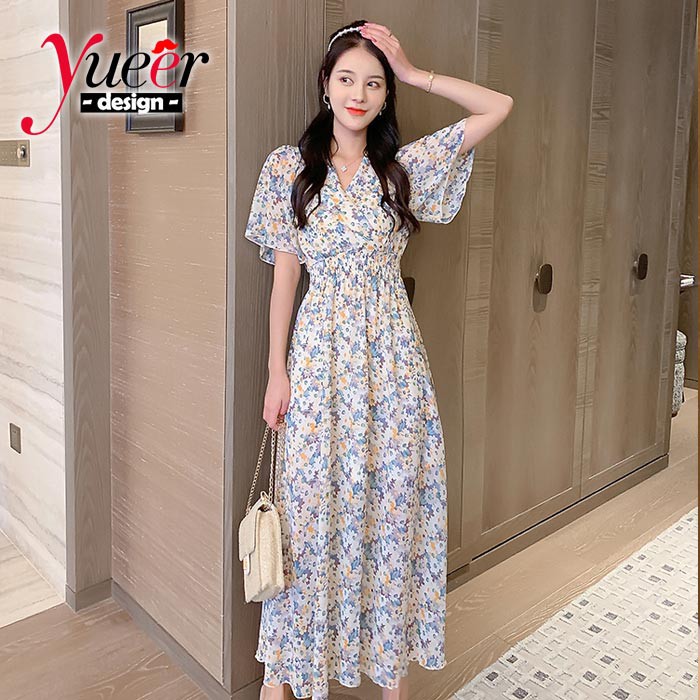 Đầm Voan Hoa Dáng Dài Cổ V Kiểu Vintage Pháp Thanh Lịch Size S-3Xl