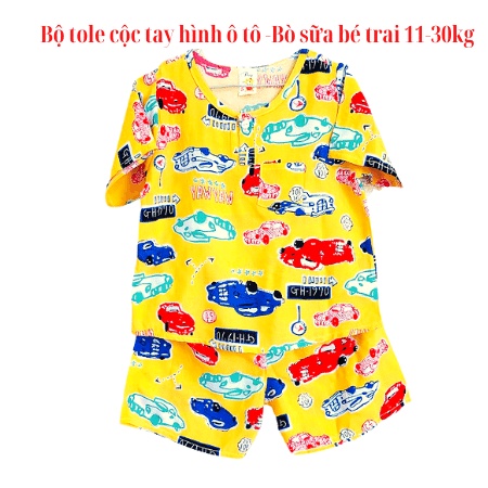 [11-30kg]Bộ tole lanh cộc tay in hình Ôtô- Bò sữa siêu HOT cho bé trai , Bộ tole lụa mền mịn, Đồ mặc nhà mát mẻ