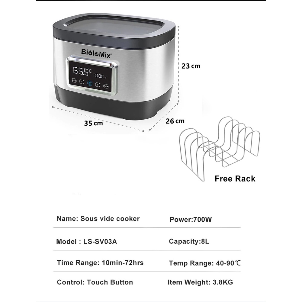 Máy nấu chậm Sous vide BioloMix LS-SV03A thế hệ thứ 6 tích hợp thùng nấu 8L
