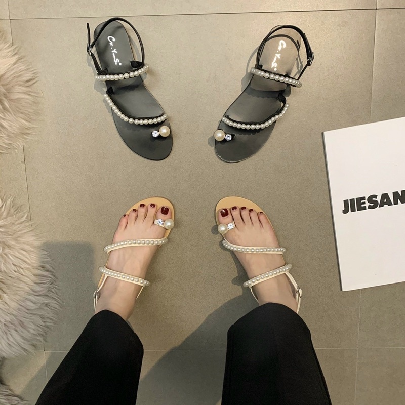 Sandal Sỏ Ngón Nữ Đính Nơ Ngọc- Sandal Xỏ Ngón Nơ- Xăng đan Kẹp Ngón Đính Ngọc Tiểu Thư Sang Chảnh- Sandal Xỏ Ngón Ngọc