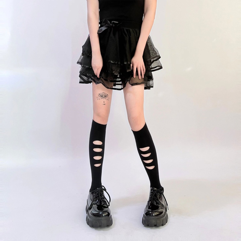 Xiangbao Vớ Cao Đến Đầu Gối Phối Lỗ Rách Kiểu Harajuku Punk Gothic Đường Phố Màu Đen Dành Cho Bạn Nữ