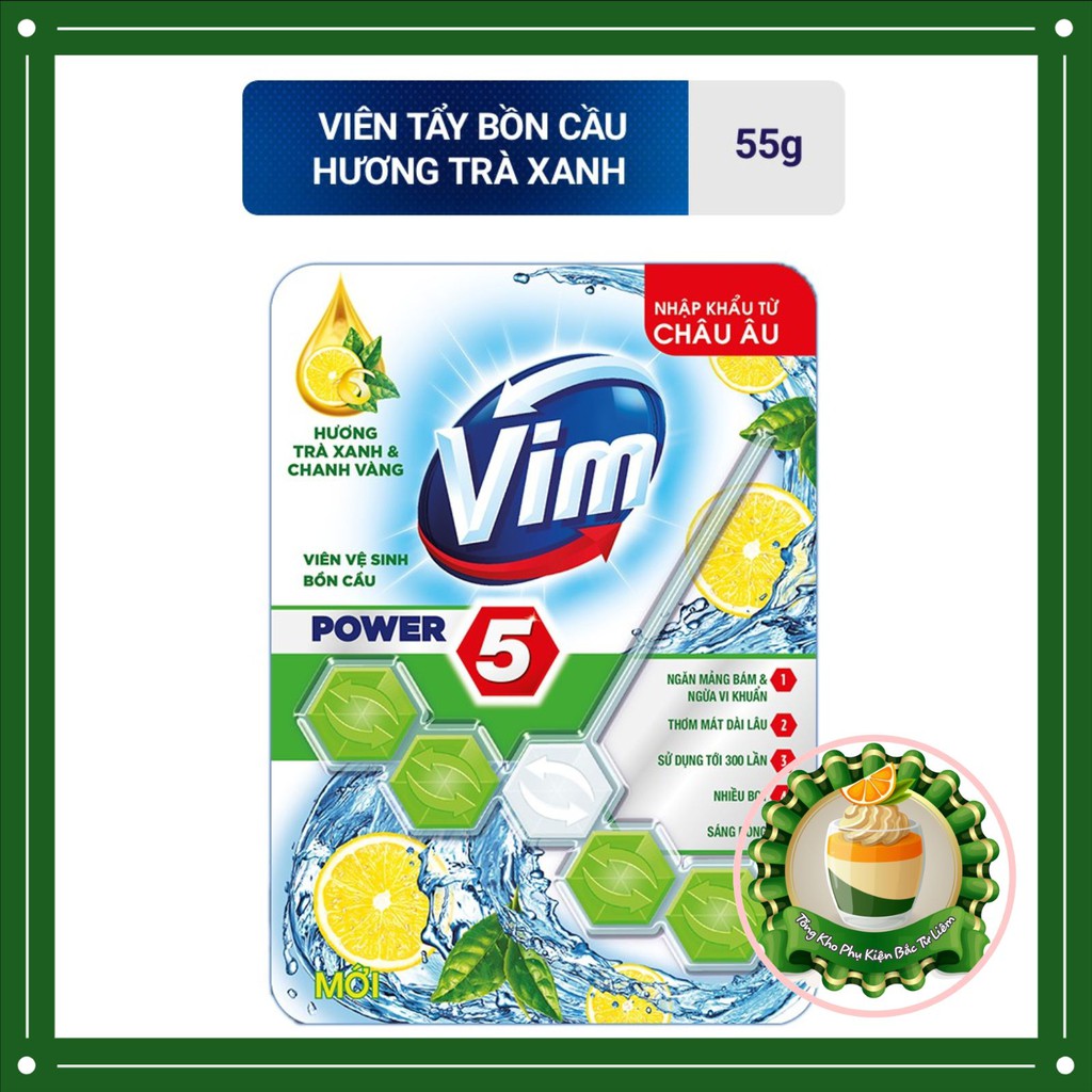 Viên Tẩy Bồn Cầu Vim Power 5 Hương Trà Xanh Chanh Vàng (55G)