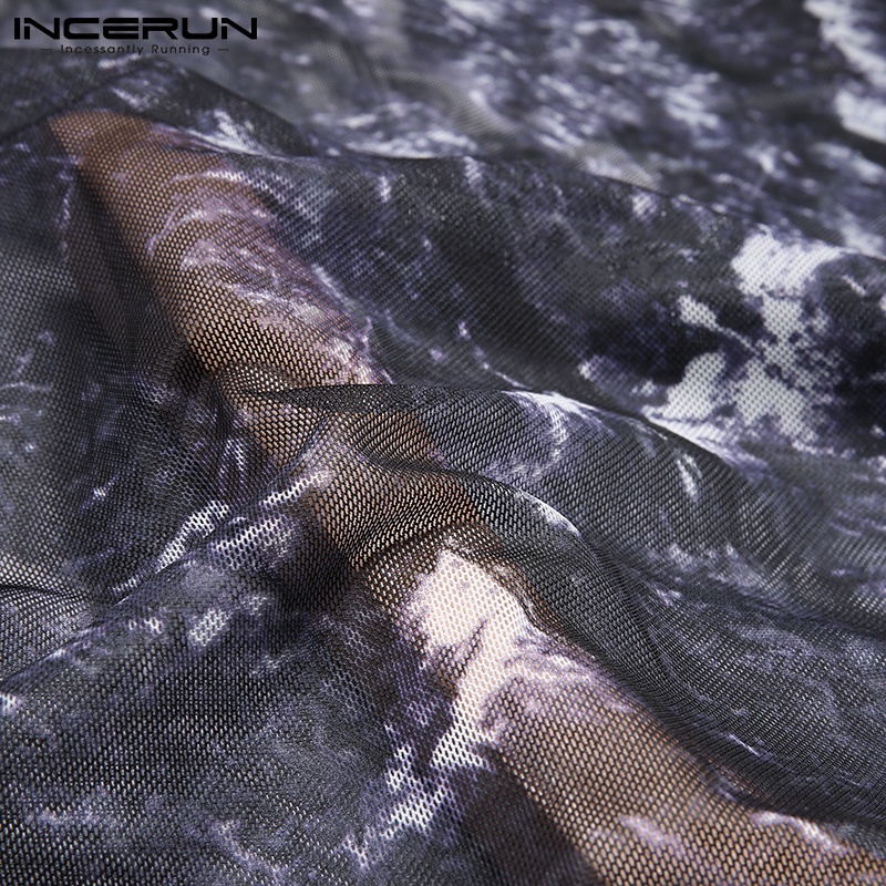 Áo kiểu INCERUN dành cho nam thiết kế tay dài cổ tròn co giãn vải lưới trong suốt mùa hè