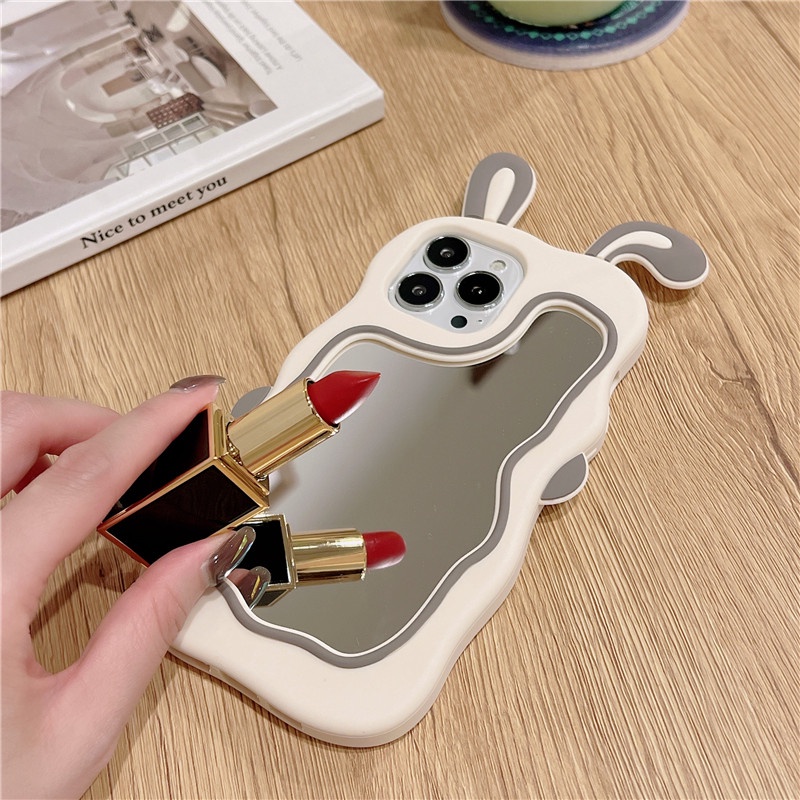 Ốp Điện Thoại silicone Dẻo Gắn Gương Trang Điểm Hình Tai Thỏ 3D Dễ Thương Cho iphone 13 12 11 Pro Max Xs XR X 8Plus 7Plus