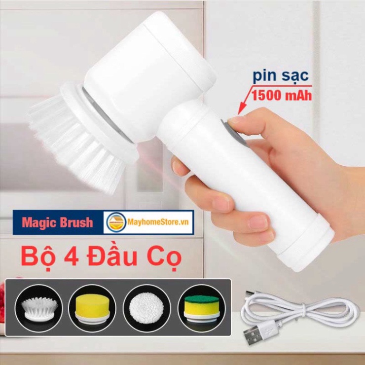 Máy Cọ Rửa Điện Đa Năng Sạc USB, bàn chải Vệ Sinh Bếp, Bồn Rửa Mặt, Đánh Giày, đánh bóng Magic Brush với 3 đầu thay thế