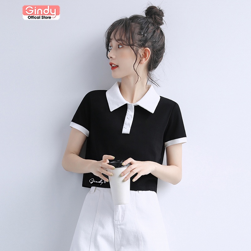 Áo phông nữ croptop GINDY cổ bẻ polo form rộng tay lỡ chất cotton thoáng mát Unisex A8103