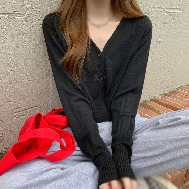 Áo Cardigan Dệt Kim Mỏng Tay Dài Cổ Chữ V Màu Sắc Đơn Giản Phong Cách Hàn Quốc Cho Nữ