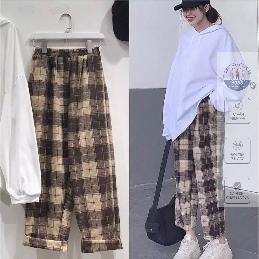 Quần Kẻ Caro Ống Rộng ❤ Quần Caro Nữ Cạp Chun Lưng Cao Dáng Suông