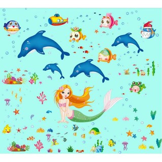 Decal dán tường Combo nàng tiên cá+ cá heo xanh
