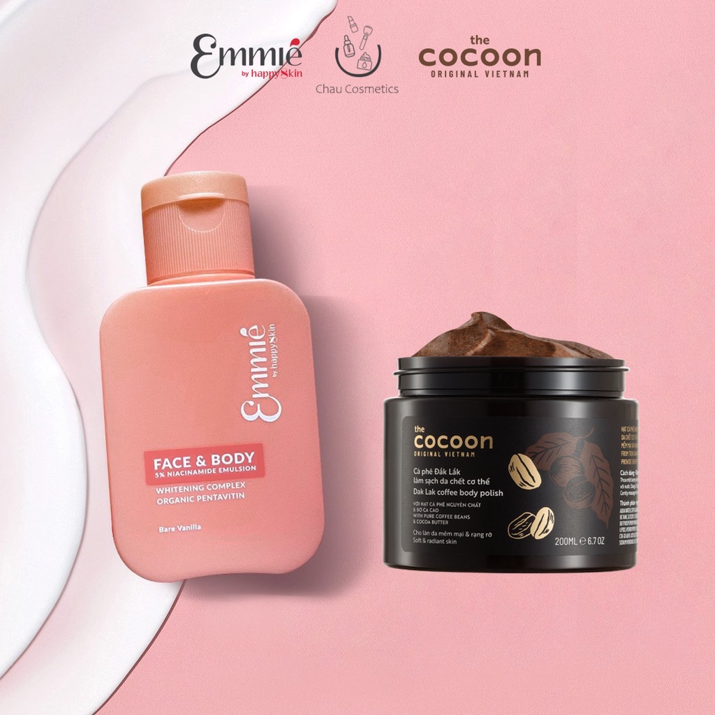 Combo trắng da cơ thể: Tẩy tế bào chết cà phê Cocoon + Dưỡng emmié face body emulsion 5% niacinamide emmie by happy skin