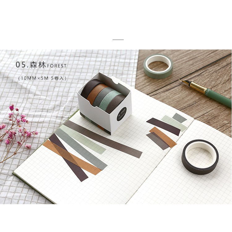 SET 5 CUỘN WASHI TAPE MÀU TRƠN VINTAGE ĐƠN GIẢN