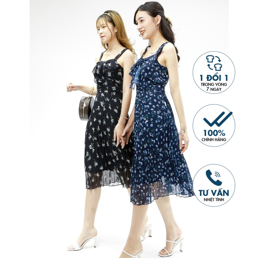 Đầm xòe hai dây, dập ly, thắt nơ Emspo DS4054