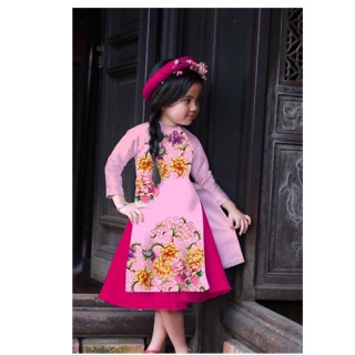 Bộ váy áo dài cách tân (không có mấn) cho bé gái phi lụa đi chơi Tết dạo phố cho bé 30kg đến 34kg