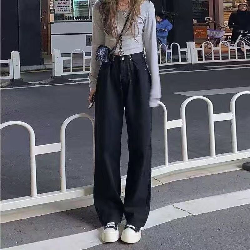 Quần Jeans có cài eo không co giãn ống rộng Meisy