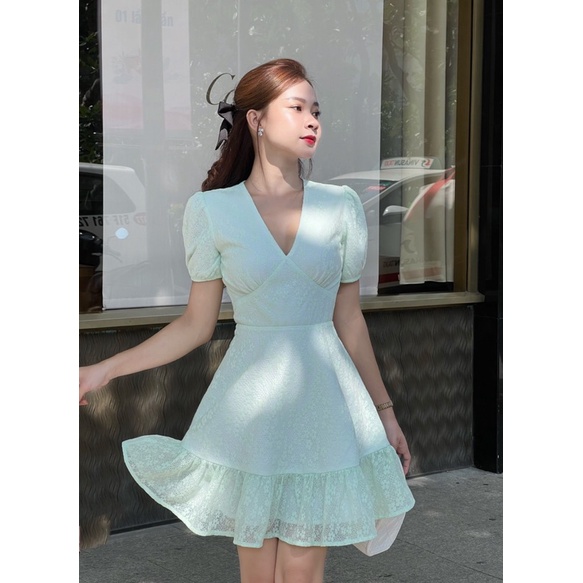 Đầm hoa mai xanh form ngắn dáng xòe tiểu thư xinh xắn - Byveestyle