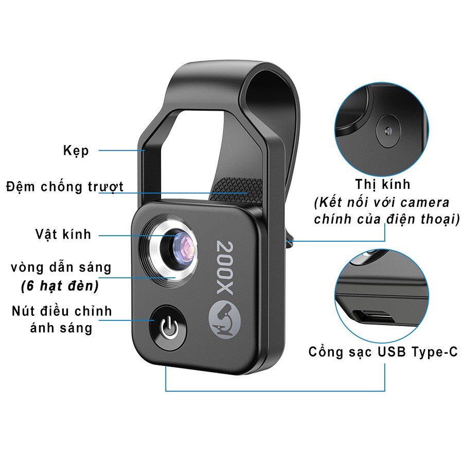 Bộ kính hiển vi phóng đại 200x kẹp điện thoại di động APEXEL Kính lúp dành cho điện thoại có đèn led