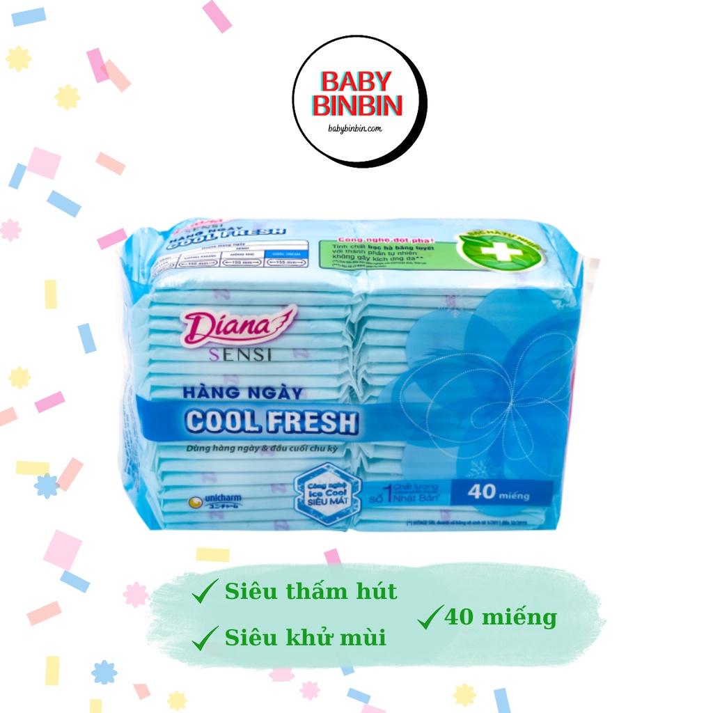 Băng vệ sinh hàng ngày Diana Sensi Cool Fresh 40 miếng bề mặt mặt bông vi sợi siêu thấm hút bạc hà mát lạnh khử mùi