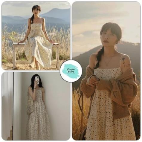 Váy Hai Dây Hoa Nhí Vàng ⚡ Casper.Store | FREESHIP | ⚡ Đầm suông 2 dây nữ dáng dài họa tiết hoa nhí vintage Ulzzang  ཾ