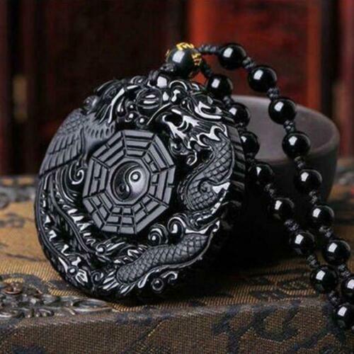 Vòng cổ Đá Obsidian Tự Nhiên Khắc Hình Rồng Và Phượng Hoàng Độc Đáo N7U4