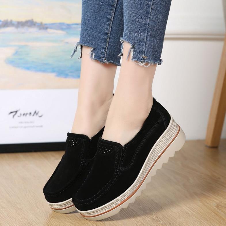 Giày Slip-On Nữ Đế Xuồng Vải Da Bò Thời Trang Chất Lượng Cao .