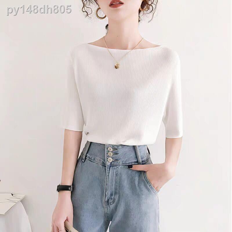 Áo blouse☾❆2021 Phiên bản Hàn Quốc của cổ áo len lụa sơ mi nữ mùa hè mỏng phần thun ngắn tay hoang dã Slim