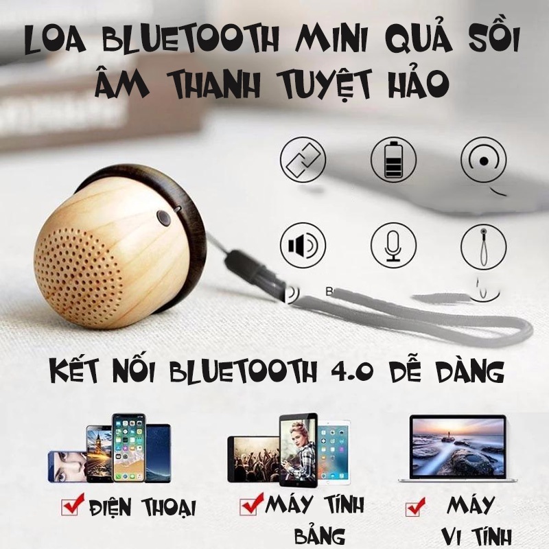Loa Bluetooth Mini Quả Sồi Vỏ Gỗ Sang Trọng Âm Thanh Chuẩn Kết Nối Bluetooth Dễ Dàng Móc Treo Sành Điệu