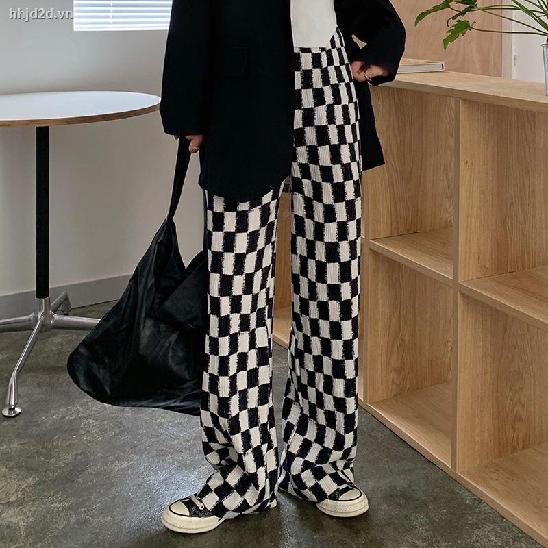 Quần dài ống rộng dáng suông in họa tiết caro/đen viền hông thời trang thu đông hàng mới