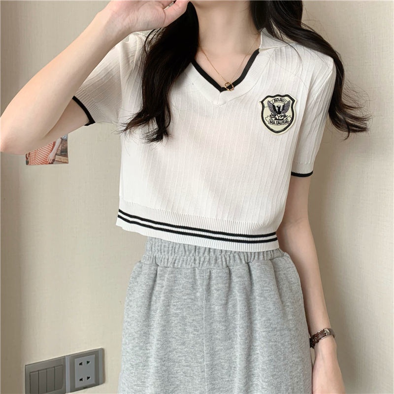 Áo Thun Dệt Kim Tay Ngắn Cổ Polo Vải Lụa Lạnh Kiểu Phương Tây Thời Trang Mùa Hè 2022