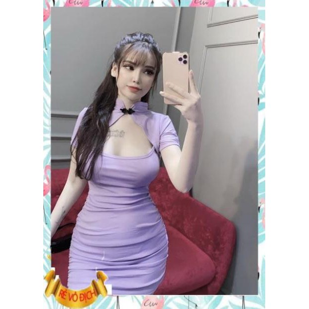 Đầm ôm hở ngực cài nút trung hoa