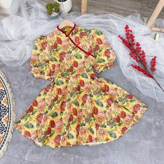 Váy gấm cổ tàu dáng xoè